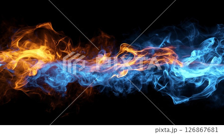 Dynamic collision of fire and ice flames on black background, symbolizing contrast and balance 126867681