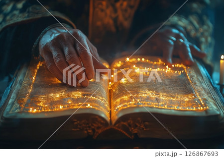 New Popes Hand on Ancient Bible, Candlelit Oath of Service with Golden Glow New Popes Hand on Ancient Bible, Candlelit Oath of Service with Golden Glow 126867693