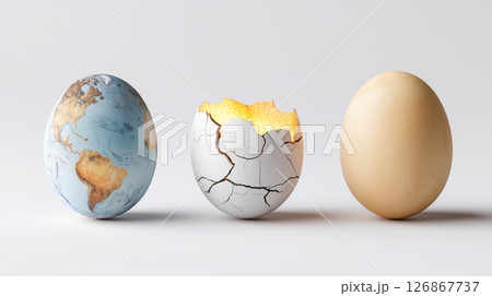 Three eggs: Earth, a cracked shell, and a plain one arranged simply 126867737