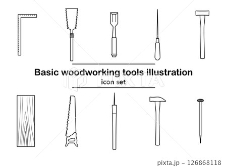 木工工具の基本アイコンセットのベクターイラスト|ノコギリ, ハンマー, カナヅチ, キリ, ノミ, 木工工具の基本アイコンセットのベクターイラスト|ノコギリ, ハンマー, カナヅチ, キリ, ノミ, 126868118