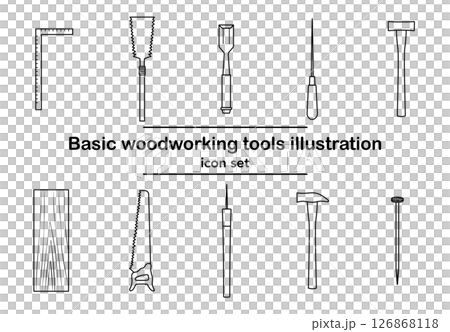Vector illustration of basic icon set of woodworking tools | saw, hammer, hammer, drill, chisel, 126868118