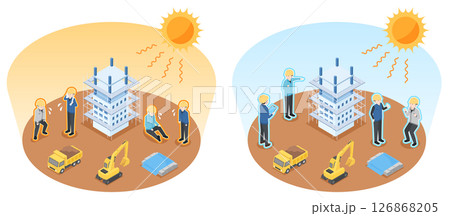 暑さで元気がない現場作業員と炎天下でも涼しげな現場作業員 暑さで元気がない現場作業員と炎天下でも涼しげな現場作業員 126868205