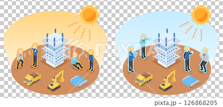暑さで元気がない現場作業員と炎天下でも涼しげな現場作業員 暑さで元気がない現場作業員と炎天下でも涼しげな現場作業員 126868205