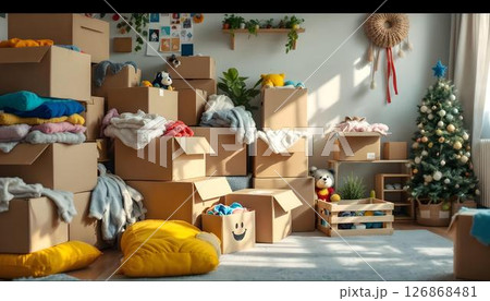 A cozy room showcasing boxes and stuffed animals, prepared for charity donations, emphasizing generosity and care A cozy room showcasing boxes and stuffed animals, prepared for charity donations, emphasizing generosity and care 126868481