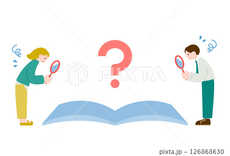 虫眼鏡で調べ物をする男女　本を開いて疑問を解決しようとするイメージ 126868630