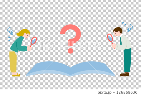 虫眼鏡で調べ物をする男女　本を開いて疑問を解決しようとするイメージ 126868630