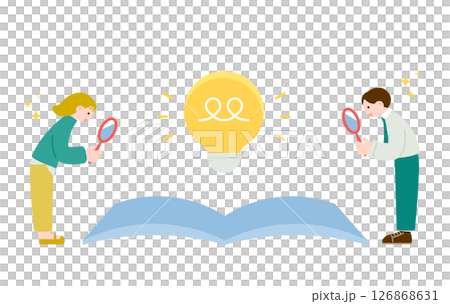 問題解決後面微笑的男人和女人。圖片中，他們透過查閱書籍找到了答案。 126868631