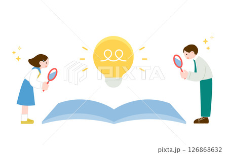 虫眼鏡を持って楽しそうな笑顔の先生と生徒　学ぶ喜びや問題解決のイメージ 126868632