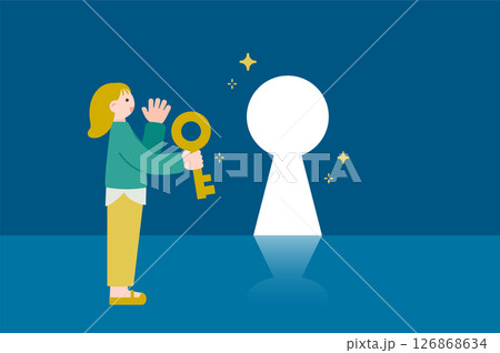 鍵を持った女性がゴールへ向かって進む 希望や問題解決・前進のイメージイラスト 鍵を持った女性がゴールへ向かって進む 希望や問題解決・前進のイメージイラスト 126868634
