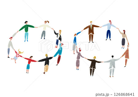 手描きイラスト　輪になって手をつなぐ人々 126868641