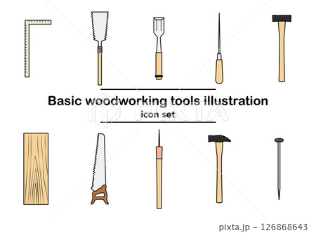 木工工具のカラーベクターアイコンセット|ノコギリ, ハンマー, カナヅチ, ノミ, キリ, 差し金, 木工工具のカラーベクターアイコンセット|ノコギリ, ハンマー, カナヅチ, ノミ, キリ, 差し金, 126868643
