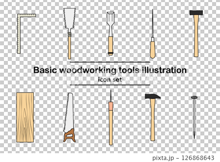 木工工具のカラーベクターアイコンセット|ノコギリ, ハンマー, カナヅチ, ノミ, キリ, 差し金, 木工工具のカラーベクターアイコンセット|ノコギリ, ハンマー, カナヅチ, ノミ, キリ, 差し金, 126868643
