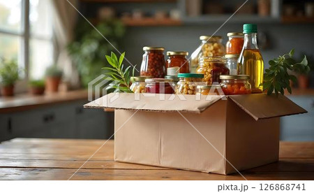 A cardboard box filled to the brim with food and essential items, representing the spirit of charity and community support through contributions A cardboard box filled to the brim with food and essential items, representing the spirit of charity and community support through contributions 126868741