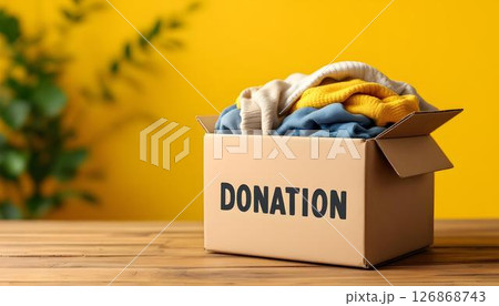 A wooden table showcases a donation box filled to the brim with clothes, symbolizing community support and charity for those in need A wooden table showcases a donation box filled to the brim with clothes, symbolizing community support and charity for those in need 126868743