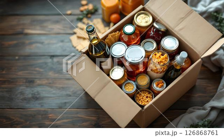A filled cardboard box containing food and supplies, representing the spirit of charity and generosity in donations 126868761