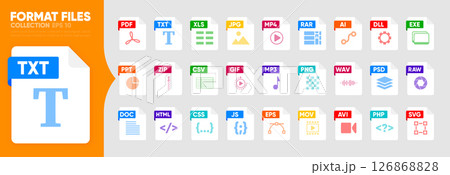 File Type icon set. Popular files format and document. Format and extension of documents. Set of graphic templates audio, video, image, system, archive, code and document file. Vector illustration. File Type icon set. Popular files format and document. Format and extension of documents. Set of graphic templates audio, video, image, system, archive, code and document file. Vector illustration. 126868828