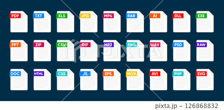 File Type icon set. Popular files format and document. Format and extension of documents. Set of graphic templates audio, video, image, system, archive, code and document file. Vector illustration. File Type icon set. Popular files format and document. Format and extension of documents. Set of graphic templates audio, video, image, system, archive, code and document file. Vector illustration. 126868832