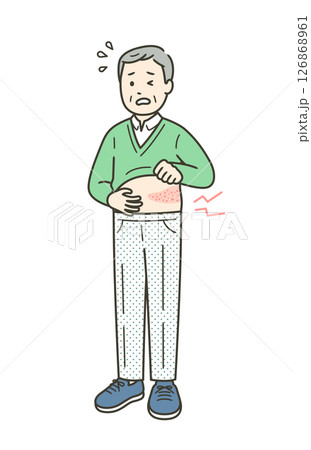 帯状疱疹で脇腹が痛み顔をしかめる高齢男性の全身イラスト 帯状疱疹で脇腹が痛み顔をしかめる高齢男性の全身イラスト 126868961