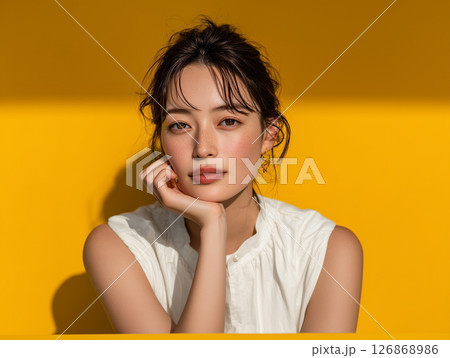 頬杖をつく女性のクールで魅力的な表情のポートレート 頬杖をつく女性のクールで魅力的な表情のポートレート 126868986