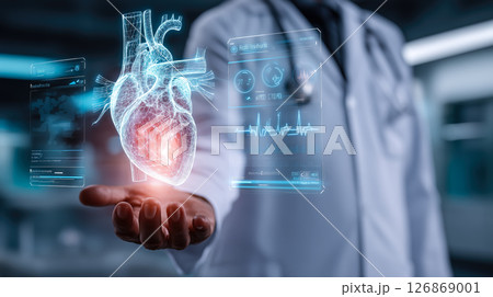 A doctor holds a glowing heart holographic in their hands. The concept of advanced medical technology, cardiology innovation, and digital healthcare solutions. Generative AI. 126869001