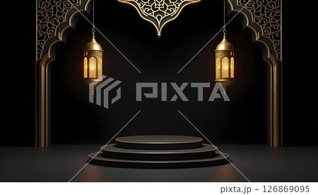 A Ramadan scene filled with Islamic motifs, adorned with golden lanterns, stars, a podium, and a crescent moon 126869095
