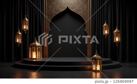 A luxurious Islamic Ramadan setting embellished with golden lanterns, stars, a podium, and a crescent moon 126869097