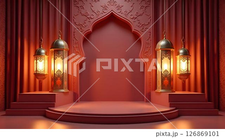 A vibrant portrayal of Ramadan that emphasizes golden lanterns, stars, a podium, and a crescent moon, celebrating Islamic culture 126869101