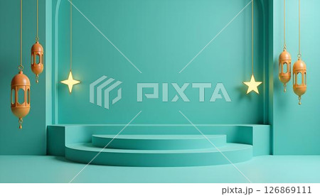 A vibrant Ramadan scene showcasing gold lanterns, stars, a podium, and a crescent moon, celebrating Islamic culture 126869111