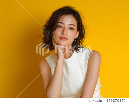 白い服と黄色背景のコントラストが美しい写真素材 126870172