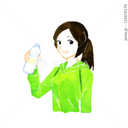 ペットボトルに入った水で水分補給をする女性 人物の手描き水彩イラスト素材 ペットボトルに入った水で水分補給をする女性 人物の手描き水彩イラスト素材 126870179
