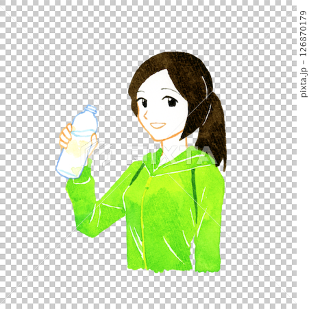 一位女士正在用塑膠瓶裡的水補充水分。手繪水彩人物插畫 126870179