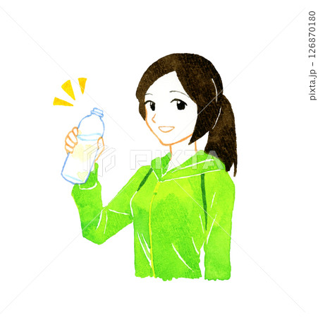 ペットボトルに入った水で水分補給をする女性　人物の手描き水彩イラスト素材 126870180