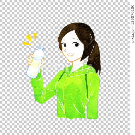 ペットボトルに入った水で水分補給をする女性　人物の手描き水彩イラスト素材 126870180