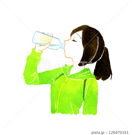 ペットボトルに入った水で水分補給をする女性　人物の手描き水彩イラスト素材 126870181