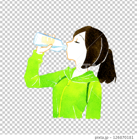 ペットボトルに入った水で水分補給をする女性　人物の手描き水彩イラスト素材 126870181