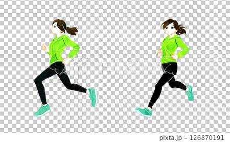 一組慢跑和跑步的女性手繪水彩人物插圖 126870191