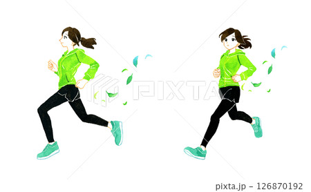 ジョギング・ランニングをする女性のセット　人物の手描き水彩イラスト素材 126870192