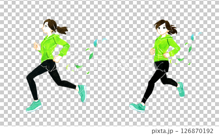 ジョギング・ランニングをする女性のセット　人物の手描き水彩イラスト素材 126870192