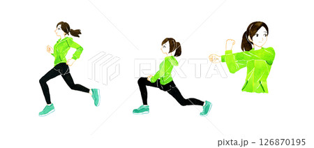 ストレッチをしてからジョギング・ランニングをする女性のセット　人物の手描き水彩イラスト素材 126870195