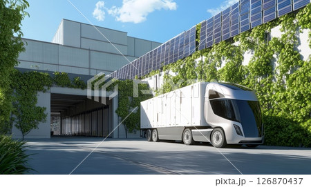 Modern electric semi-truck departing sustainable warehouse with solar panels and green wall, representing innovative green logistics, transportation, freight Modern electric semi-truck departing sustainable warehouse with solar panels and green wall, representing innovative green logistics, transportation, freight 126870437