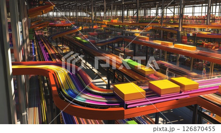 Multicolored shipping packages traveling along automated conveyor belt inside modern distribution center, showcasing streamlined logistics workflow, warehouses, logistics, freight transportation Multicolored shipping packages traveling along automated conveyor belt inside modern distribution center, showcasing streamlined logistics workflow, warehouses, logistics, freight transportation 126870455