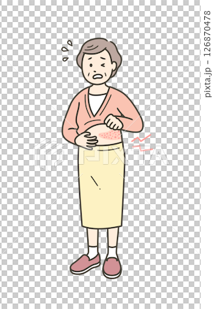 一位老年婦女因帶狀皰疹而痛苦地做鬼臉的全身插圖 126870478