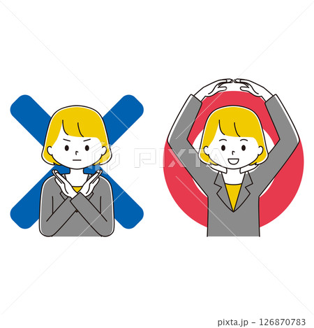 ポーズをとるビジネスウーマンのイラストセット マル バツ 〇 × ポーズをとるビジネスウーマンのイラストセット マル バツ 〇 × 126870783