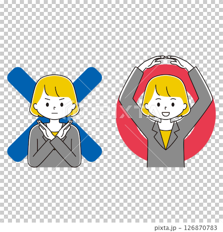 Illustration set of posing businesswomen: circle, cross, right, and wrong 126870783