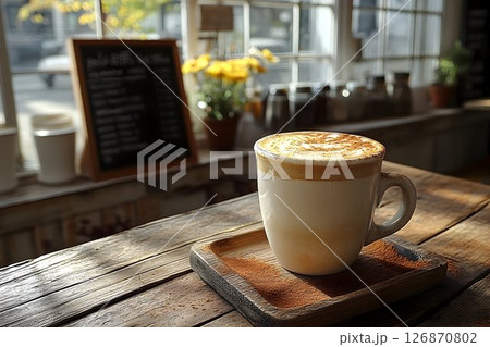 Creamy Cappuccino on Wooden Tray in Cafe with Natural Light and 126870802