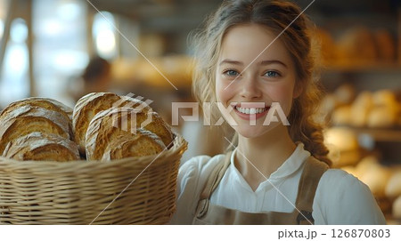 Baker's Joy: Young Woman with Basket of Freshly Baked Bread 126870803