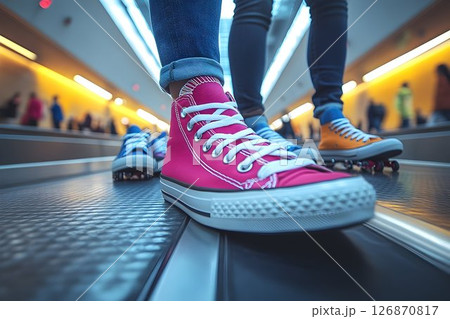 Pink Sneakers on Moving Walkway in Modern Building Pink Sneakers on Moving Walkway in Modern Building 126870817