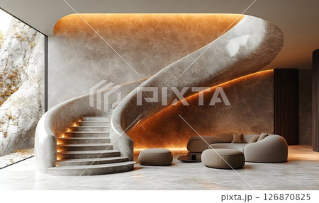 Luxurious Curved Staircase with Warm Lighting and Modern Interio 126870825
