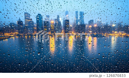 Raindrops on glass reveal a blurred cityscape with glowing refle 126870833