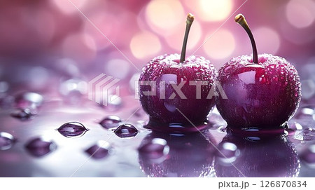 Two Jewels of Deep Purple Cherries, Covered in Dew Drops 126870834